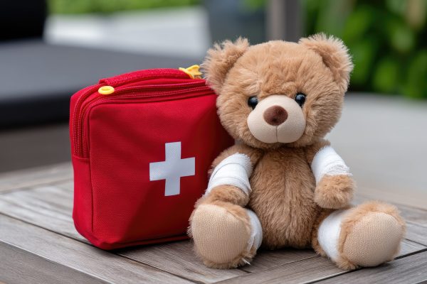 A teddy bear wrapped in bandages is placed beside a red first aid kit on a wooden table outdoors in bright daylight, depicting a caring atmosphere for children.